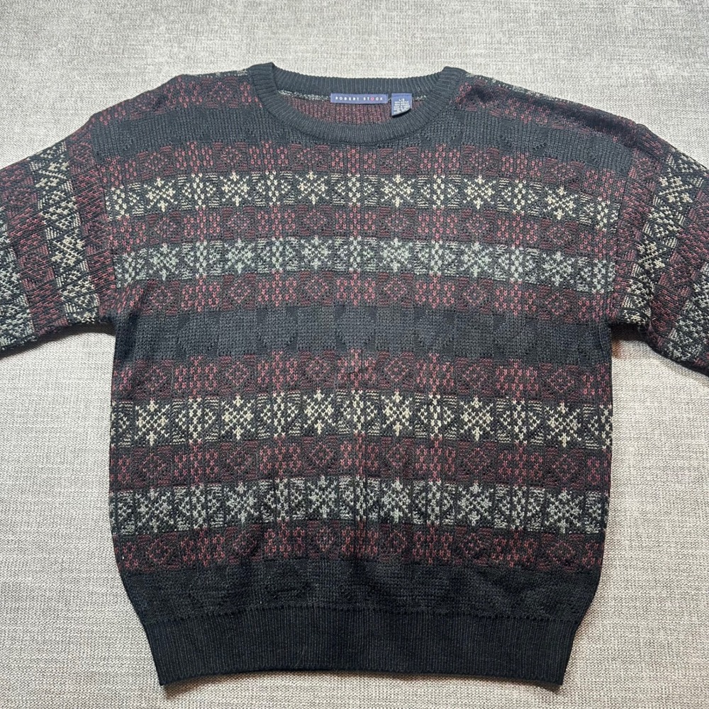 Robert Stock‎ Sweater Mens Large Black Burgundy Fair Isle Vintage  Knit